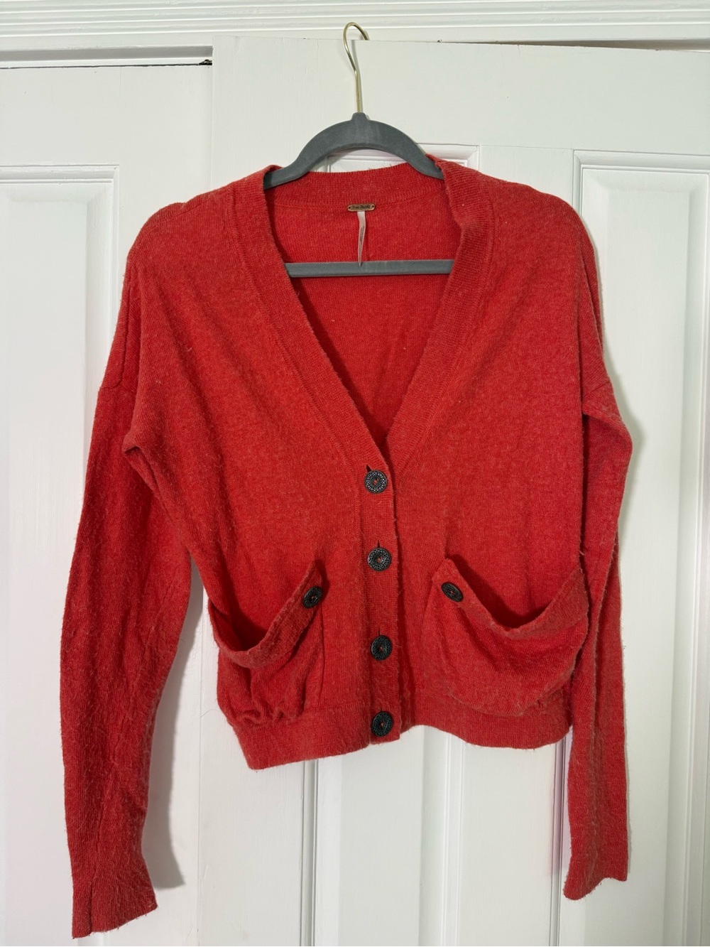 Free People Red V-Neck Button Front Cardigan